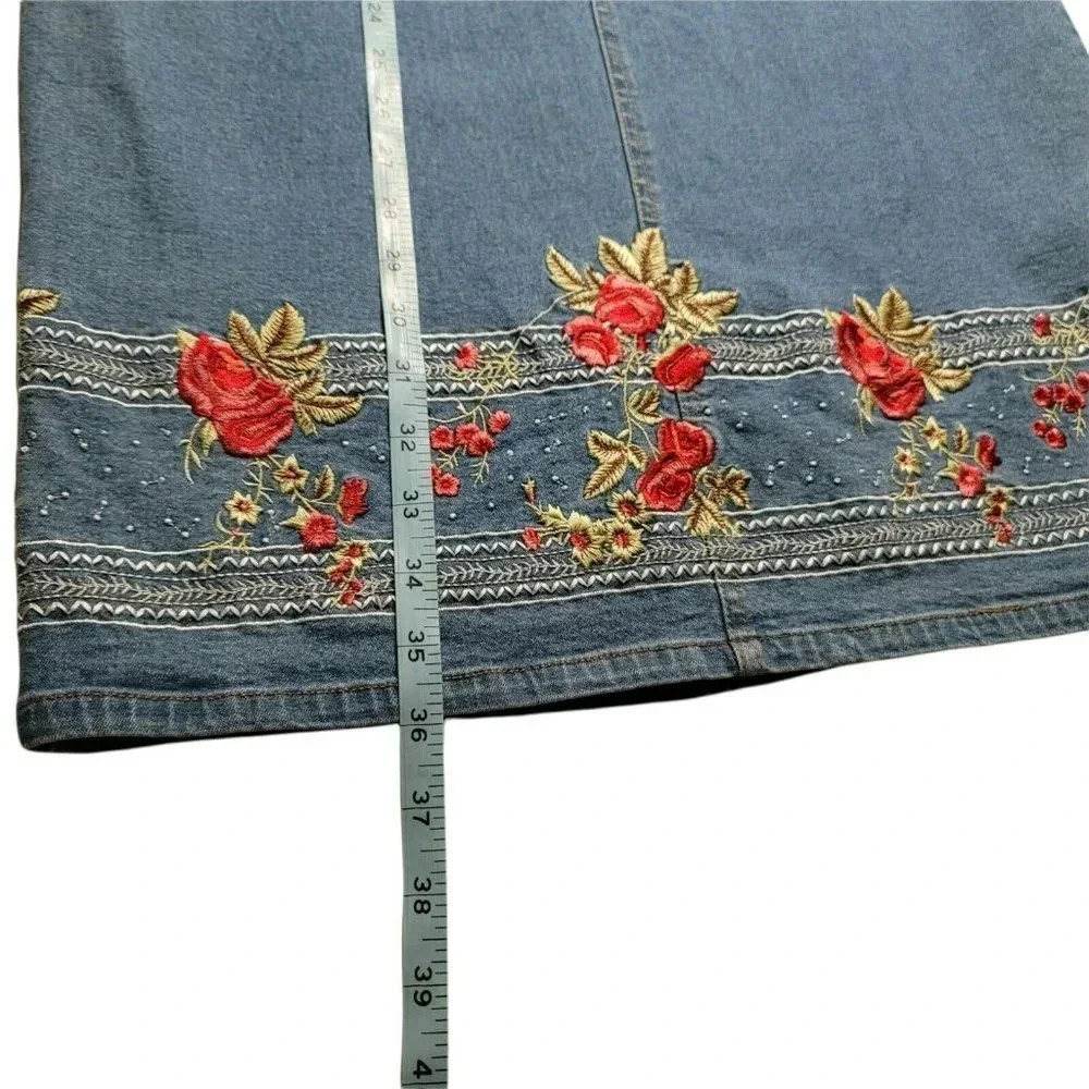 Denim &Co Skirt Maxi M Womens Embroidered Roses Blue Jean Long Pockets slit back - Picture 7 of 11